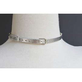 Silver faux leather choker adjustable buckle choker necklace 14-16 long