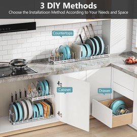 MonaSixy 3-Pack Pots and Pans Organizer for Under Cabinet, 2Tier 14 Dividers 3 DIY Method Expandable Easy Install, Kitchen Pot Pan Lid Rack Storage Holder Organizers Inside Cabinet, White