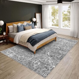 vivorug 6x9 Rug, Stain Resistant Washable Rug for Living Room, Neutral Area Rug Vintage Inspired (Grey/Medallion, 6'x9')