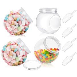 Akamino - Juego de 4 tarros de plástico con tapa, recipientes de caramelo transparentes de 40 onzas con cuchara de plástico, tarro decorativo para galletas, almacenamiento de alimentos secos para