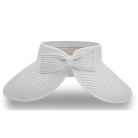 Straw Sun Summer Visor for Women, Female Wide Brim UPF 50+ UV Protection Topless Hat, Ladies Adjustable Roll UP Messy Bun Ponytail Cap, Foldable Packable Beach Travel Hat, White