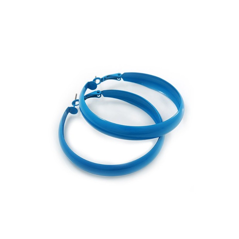 Large Sky Blue Enamel Hoop Earrings - 55mm Diameter