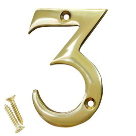 RCH Hardware Solid Brass House Number - 3, 4”, NO-BR2270-100 - Polished Brass Tone Finish - Matching Screws - Heavy Duty Metal Address Numbers - Easily Visible - Home, Mailbox, Door, Porch