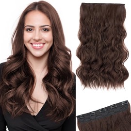 SEGO 3/4 Full Head Clip in Hair Extensions Long Wavy Synthetic Hairpiece 24 Inch One Piece Clip In Hairpiece With 5 Secure Clips, Medium Brown