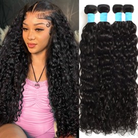Water Wave Human Hair Bundles 22 24 26 28 Inch 100% Unprocessed Human Hair Wet and Wavy Bundles Human Hair Brazilian Curly Wave Bundles Human Hair Natural Color for Black Women (22 24 26 28)