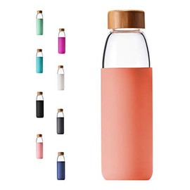 VEEGOAL 25oz, 18oz Borosilicate Glass Water Bottles with Bamboo Lid, BPA-Free Non-Slip Silicone Sleeve, and Bonus Stainless Steel Leak Proof Lid- Reusable Glass Water Bottle for Women and Men