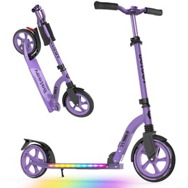 BELEEV V10 Big Wheel Scooter for Kids Ages 6+ with Light-Up Deck, 2 Wheel Folding Kick Scooter for Adults Teens, 5 Adjustable Height, Lightweight Sport Commuter Scooter, Max Load 220 lbs (Purple)