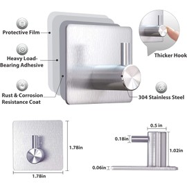 ISEEUSEE Adhesive Hooks Heavy Duty Wall Hooks Waterproof Stainless Steel Hooks for Hanging Coat, Hat,Towel Robe Hook Rack Wall Mount- Bathroom and Bedroom