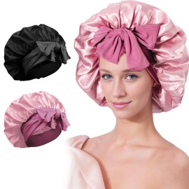 Silk Satin Hair Bonnet for Sleeping - 2PCS Silk Sleep Bonnets for Women Curly Hair, Soft Breathable Satin Bonnet with Tie Band Hair Wrap Cap for Sleeping (Set B)