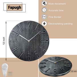 fapugh 12 Inch Wall Clock Silent Non Ticking, Preciser Modern Style Decor Clock for Home, Office, School, Kitchen, Bedroom, Living Room（Gray）