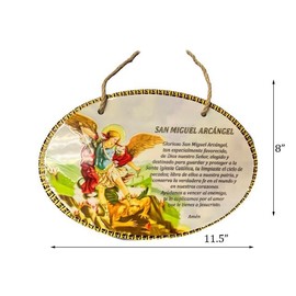 Saint Michael Wall Hanging Plaque | Oración a San Miguel Arcángel | 8"x11.5" Ceramic | Catholic Wall Decor | Spanish Prayer Art