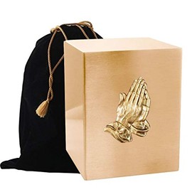 Touch4me's Gold Adult Cremation Urn Box with Applique - Handcrafted Funeral Urn for Ashes - Metal Cremation Urn - Great Deal Free Bag (Praying Hands)