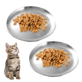 Pack of 2 Flat Stainless Steel Cat Bowls, 14 cm Cat Feeding Bowl, for Cats with Wide, Drinking Bowl, Cat Bowl, Cat Feeding Bowl, Cat, Drop-Proof, Easy to Clean