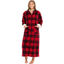 Alexander Del Rossa Long Zip Up Robes for Women, Plush Zipper Robes for Women Plus Size, Housecoats for Women Zipper Front Red Black Plaid with Cream Medium (A0258Q42MD)