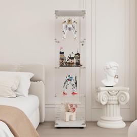 GDJAASJI Display Cabinet with Glass Door and Lock, 4-Shelf Fast Installation Curio Cabinets with 5mm Tempered Glass Floor Standing Bookshelf for Bedroom, Living Room (64" Hx 16.7" W x 14.3" D, White)