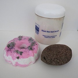 Bath Bombs: Lavender Pomegranates Bath Bomb, 32 oz Pomegranate Dry Salt Scrub, Pumice Stone by Dead Sea Spa Care, Bubble Bath