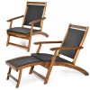 Patio Folding Rattan Lounge Chair Acacia Wooden Frame W/ Retractable
