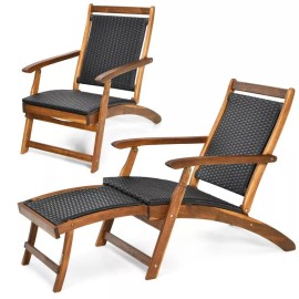 Patio Folding Rattan Lounge Chair Acacia Wooden Frame W/ Retractable Footrest
