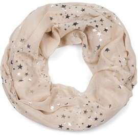 styleBREAKER 01016118 Women's Loop Scarf with Glittering Metallic Stars All Over Print Pattern, Lightweight Tube Scarf, Plain, beige