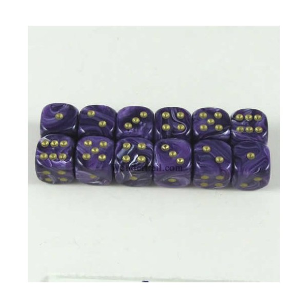 Purple Vortex with Gold Pips 12mm D6 Dice Set of 12 Wondertrail WCX27837E12