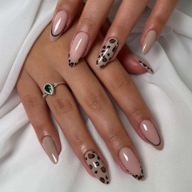 DOCVOEOMH Leopard Print Press on Nails Medium Almond Shaped Cheetah Print French Fake Nails with Design Full Cover Glue ons Artificial False Stick on Acrylic Nail for Women Daily Wear 24PCS