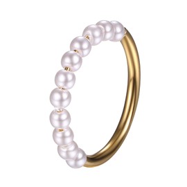 JewelryWe Damen Ring Gold Perlenring: Vergoldet Edelstahl Damenring Perlen Fingerring mit Weiß Süßwasserperlen Stapelring für Hochzeit Verlobung - Geschenk für Frau Freundin Tochter Größe 57