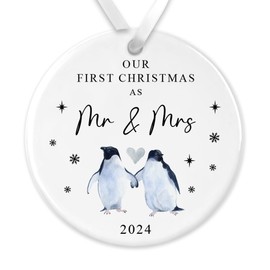 "First Christmas as Mr & Mrs" Watercolour Penguin Design Ceramic Bauble - Ideal Keepsake for Newlyweds' 1st Christmas Married