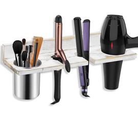 Hair Tool Organizer Wall Mounted, Sturdy Pine Wood Construction, Removable Stainless Steel Cup, Holds Hair Dryers, Straighteners, Curling Irons, Brushes, and More, White
