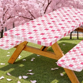 Picnic Table Cover with Bench Covers, Checkered Bownot Elastic Edges Waterproof Windproof Camping Essentials, Camping Fitted Tablecloth with Drawstring Bag, 72in, Pink White