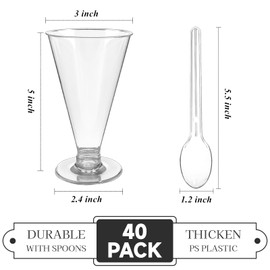 TOFLEN 40 Pack Plastic Martini Glasses 6 oz Reusable Cocktail Shooters Clear Tall Shot Glasses for Party Wine, Champagne, Mini Dessert Cups with Spoons