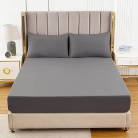 Soifox Double Fitted Sheets 40 cm Extra Deep Pocket Dark Grey Bed Sheets 16 inch, Soft Microfiber Charcoal Bottom Sheet for Double Bed, 135x190cm