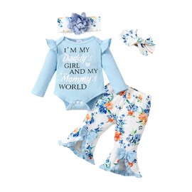 SUNNY PIGGY Baby Girl Clothes 3-6 Month Infant Outfit Newborn One Piece Set Romper Floral Flares Pant Sets Fall Spring Floral Letter Print Baby Girls Clothing Hat +Headband Blue+Flowerpant