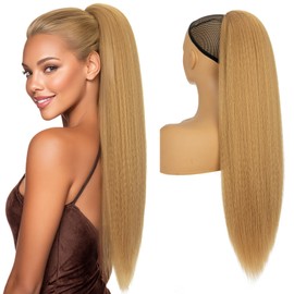 Hairro Drawstring Ponytail Hair Extensions For Women Synthetic Kinky Yaki Pony Tail Hairpieces 24 Inch 150g #27 Natural Blonde