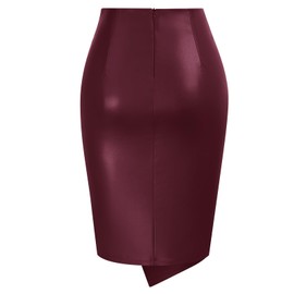Kate Kasin Women's High Waisted Knee Length Leather Skirts Bodycon Wrap Business Pencil Skirt Merlot-Leather M