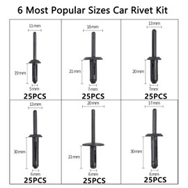 150Pcs Plastic Rivet Clip,Automotive Universal Nylon Pop Rivet Assortment,6 Most Popular Sizes Black Nylon Universal Rivet Kit,Replacement for GM Ford Chrysler VW,Nylon Fastener