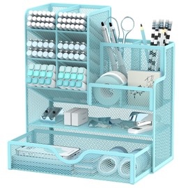 SUPEASY Pen Holder with Drawer, Desk Organiser and Accessories for Office Organisation, Metal Mesh (Blue)