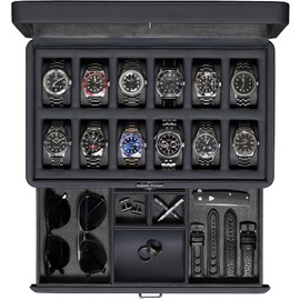 ROTHWELL Luxury Watch Box for 12 Watches – PU Leather Watch Box with Real Glass Lid – Slide out Accessory Drawer with Multiple Compartments (Carbon)