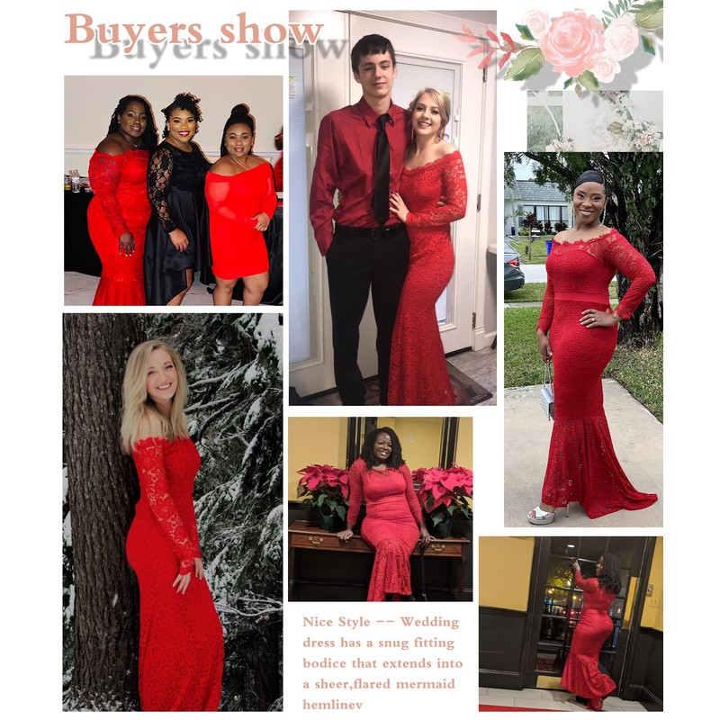 LALAGEN Women's Floral Lace Long Sleeve Off Shoulder Wedding Mermaid