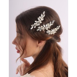 Teyglen 3Pcs Pearl Crystal Bridal Hair Pins Silver Rhinestone Hair Piece Pearl Bride Wedding Hair Pins Clips Crystal Headpiece Decorative Hair Jewelry for Women