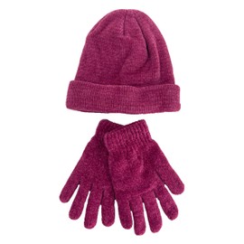 Ladies Soft Chenille Thermal-Lined Hat & Gloves Set - Berry