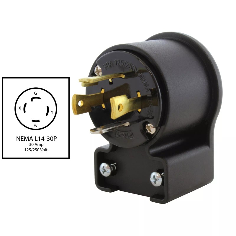 AC WORKS® 30A 125/250V NEMA L14-30P 4-Prong Locking Right Angle