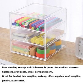 Makeup Organiser Storage Box with 3 Drawers, Acrylic Cosmetic Storage Case Jewelry Display Box Caddy for Sunglasses Jewelry Dressing Table Vanity Counter in the Bedroom Bathroom Gift Idea, Transparent