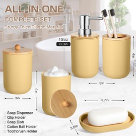 ALPIRIRAL Yellow Bathroom Accessories Set, 5 Pcs Bathroom Accessories Set, Plastic Soap Dispenser and Toothbrush Holder Set, Qtip & Cotton Ball Holder, Black Bathroom Set, Boho Bathroom Decor