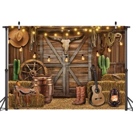 Western Cowboy Backdrop Western Party Decorations 7x5FT Wild West Rustic Wooden House Barn Photography Background for Portrait Kids Boy Birthday Party Supplies Photo Props