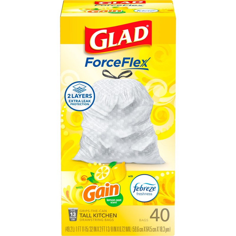 Glad ForceFlex Tall Kitchen Drawstring Trash Bags, 13 Gal, Gain