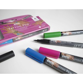 Kreul 62171 Tattoo Pen Set, 4 Pens and 3 Stencils, Water-based Cosmetic Ink Lasts up to 5 Days, Dermatologically Tested, Vegan, Paraben