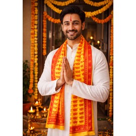Jai Mata Di Puja Shawl Pooja Dupatta for Men/Women Indian Traditional Dupatta Cotton Cloth for Puja/Religious Puja Shawl New Year Decorations Festival Decor Gift Housewarming (Size: 68 x 40 inches) (Yellow)