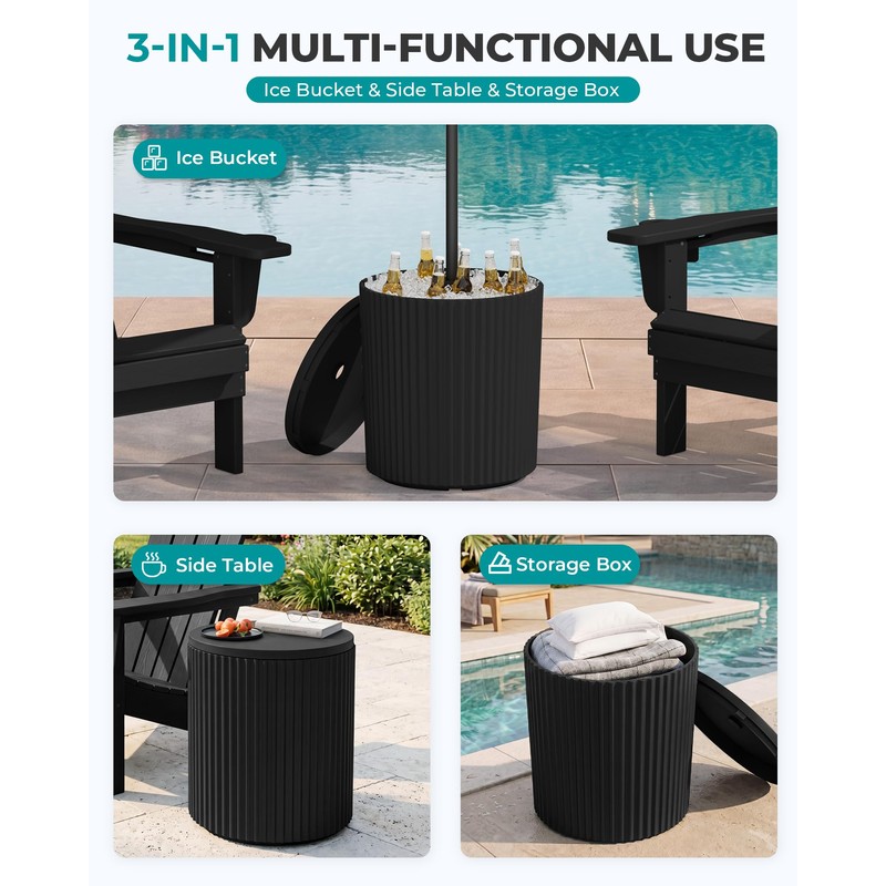 Outdoor Round Umbrella Side Table,3-in-1 Multi-Functional Use,Black