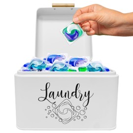 Skywin Metal Laundry Pod Container with Lift-Up Lid Wooden Handle - Laundry Pod Storage Container for Laundry Room Organization Laundry & Dishwasher Pod Laundry Container (Light Grey)