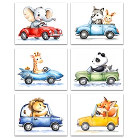 ZOIYINO Car Wall Art Boys Room Canvas Wall Decor,Nursery Transportation Car Wall Art Prints,Baby Boy Nursery Wall Art,Set of 6 Baby Animal Pictures Wall Decor for Bedroom Playroom(8"x10"Unframed)